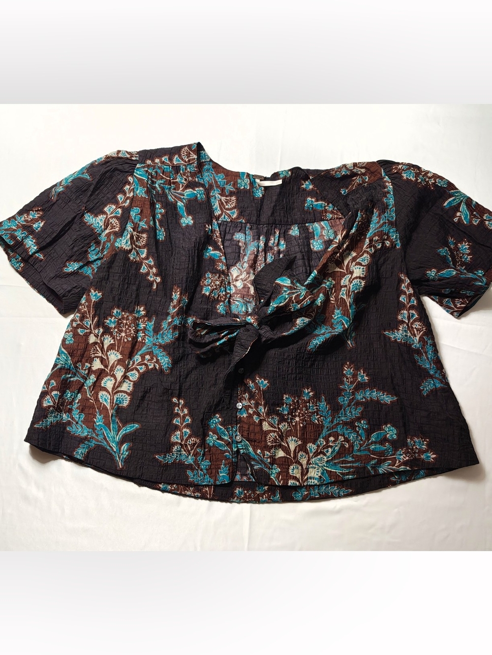Free People Floral Crinkle Tie Front Blouse Small Brown Turquoise Boho Top